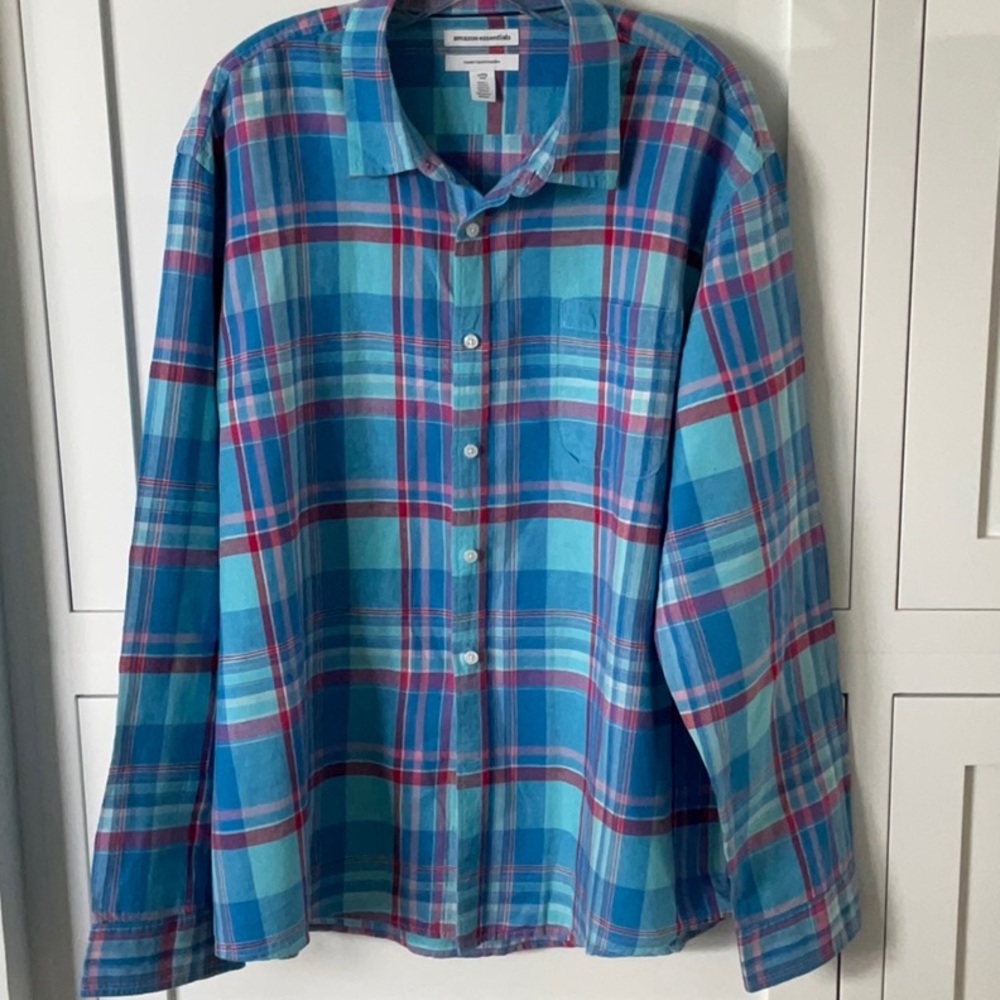 Amazon Essentials Blue and Pink Casual Button Down Shirt